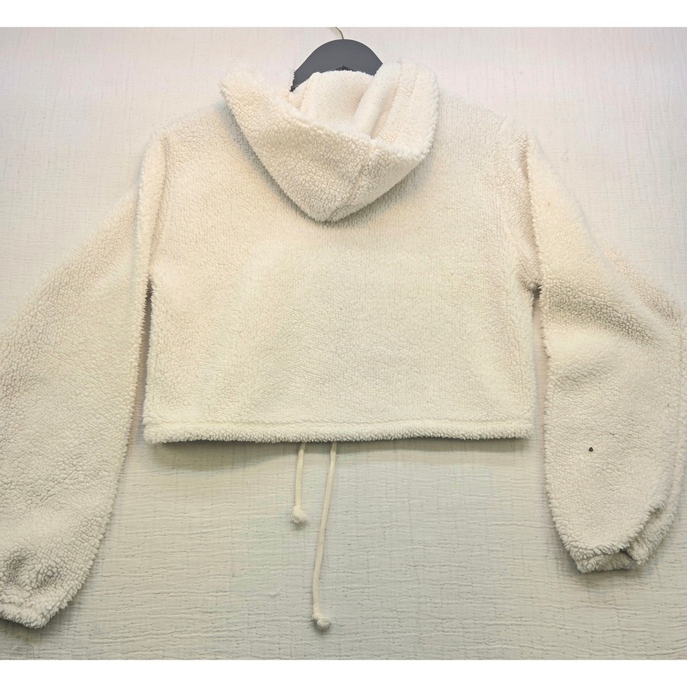 Wild Fable Cream Sherpa Cropped Hoodie XS Faux Fur Drawstring Sweatshirt White - Picture 6 of 11